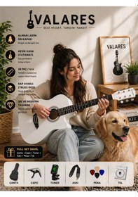 Resim Valares 38c Kesik Kasa Beyaz Akustik Gitar 38 İnç 4/4 Yetişkin Üst Segment Çanta Capo Askı Pena 