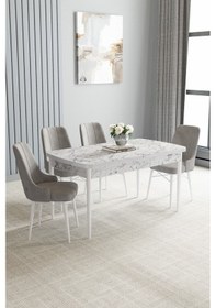 Resim Jusie Beyaz Mermer Desen 80x132 Açılabilir Mutfak Masası Takımı 4 Adet Sandalye Gri 