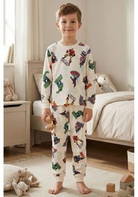 Resim Zuzunga Süper Kahramanlar Desenli Pamuk Beyaz Erkek Çocuk Pijama Takımı 
