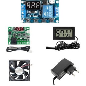 Resim Kuluçka Makinesi Seti - 5 Parça - W1209 Termostat 12v - Isı Nem Ölçer - 12v Adaptör - 80x80 12v Fan - Zaman Rölesi-4928 