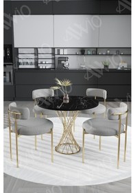 Resim Avvio Tiny Mat Gold Teddy Sandalye 90x90 Yuvarlak Yemek Masası Mutfak Masası Masa Sandalye Takımı Siyah Mermer 