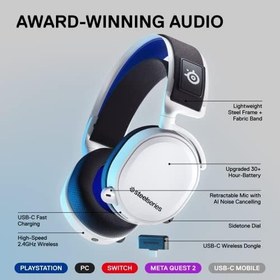 Resim SteelSeries ARCTIS 7P+ kablosuz oyun kulaklığı, 2,4 GHz kayıpsız oyun kulaklığı, 30 saat pil ömrü, USB-C, 3D ses, PS5, PS4, PC, Mac, Android ve anahtar için, beyaz 