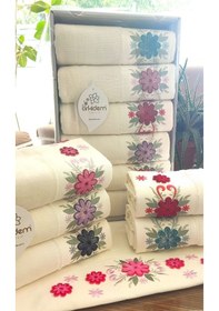 Resim 6.lı Set Annem 50x90 Cm. Özel Tafting Nakışlı Kadife Doku Çeyizlik Lüks Havlu Seti Beyaz Renkli 