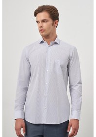 Resim Beyaz Uzun Kol Çizgili Desen Bez Ayağı Yarım İtalyan Yaka Cepli Pamuklu Classic Comfort Fit Gömlek 1004245175 Beyaz 
