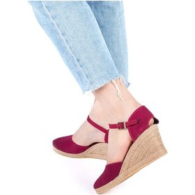 Resim Gerçek Elişi Bilekten Bantlı Topuğu Açık Keten Espadril Dolgu Topuk Handmade Bordo 