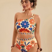 Resim Büyük Beden Kadınlar için Çiçek Desenli Tek Omuzlu Bikini Seti - Seksi Yüksek Esneklikli Kumaş, Canlı Turuncu ve Mavi Çiçekler, Asimetrik Tasarım, Büyük Beden Mayo 
