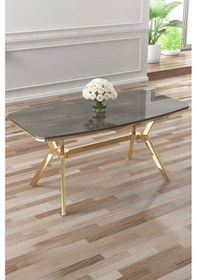 Resim Canisa Asel Serisi 90x160 Lak Panel Antrasit İroni Gold Kaplama Ayaklı Masa Takımı Ve 6 Gri Sandalye Antrasit İroni Masa Gri Sandalye Ayaklar Gold 