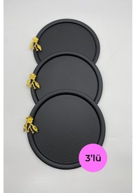 Resim 3'lü Japon Güllü Yuvarlak Siyah Çay Ve Kahve Sunum Tepsisi 22cm 