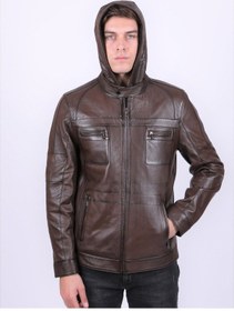 Resim New Zaya Leather Erkek Kahverengi Kapüşonlu Deri Mont Kahverengi 