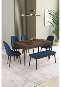 Resim Ikon Barok Desen 80x132 Mdf Açılabilir Yemek Masası Takımı 4 Sandalye, 1 Bench Lacivert 