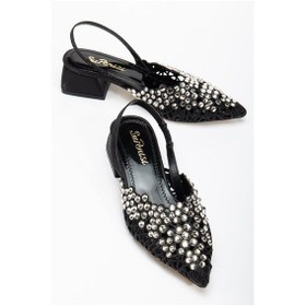 Resim Kadın Kısa Topuklu Abiye Ayakkabı Siyah Örme Taşlı Sivri Kalıp-4087 Siyah 