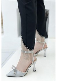Resim Feles Arkası Açık Bilekten Bağlamalı Saten Taşlı Stiletto GÜMÜŞ 