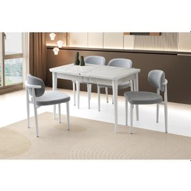 Resim Ortadan Açılır Büyüyen 80x130cm Mermer Desen Ahşap Salon Yemek Masa Gri Siesta Sandalye Takımı 4 San Gri 