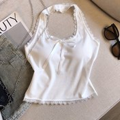 Resim Kadınlar için Seksi Dantel Süslemeli Halter Boyunlu Camisole Üstü Göğüs Pedli - İlkbahar Yaz Sonbahar İçin Dar Kesim Kısa Kolsuz Gömlek, Katmanlı veya Dış Giyim için Çok Yönlü, Makinede Yıkanabilir, Günlük Kullanım, Rahat Kalıp, Şık Bluz 