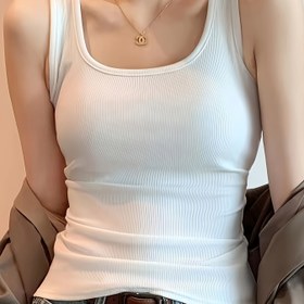 Resim Kadınlar için İlkbahar-Yaz Yeni Geniş Omuzlu Yaka U, Trendy Spor Günlük Tank Üst 