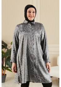 Resim Kadın Tesettür Büyük Beden Leopar Desenli Uzun Gömlek Tunik 001 
