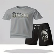 Resim Diesel Grafik T-Shirt ve Şort Seti - Dış Mekan Sporları, Plaj, Seyahat, Partiler için Nefes Alabilen Polyester, Hızlı Kuruyan, Yumuşak ve Rahat - Diesel Logo Tasarımı ile Rahat Sokak Giyimi, Plaj Kıyafeti | Diesel Logo Gömlek | Hızlı Kuruyan Kumaş, Ter Direnci 