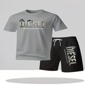 Resim Diesel Grafik T-Shirt ve Şort Seti - Dış Mekan Sporları, Plaj, Seyahat, Partiler için Nefes Alabilen Polyester, Hızlı Kuruyan, Yumuşak ve Rahat - Diesel Logo Tasarımı ile Rahat Sokak Giyimi, Plaj Kıyafeti | Diesel Logo Gömlek | Hızlı Kuruyan Kumaş, Ter Direnci 