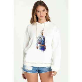 Resim Qivi New Basketbol Sporcu Baskılı Beyaz Kadın Örme Kapşonlu Sweatshirt Uzun Kol 