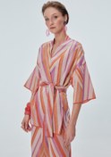 Resim Renk Bloklu Beli Kemerli Kimono Hırka 
