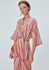 Resim Renk Bloklu Beli Kemerli Kimono Hırka 