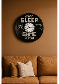 Resim Eat Sleep Game Repeat Temalı El Yapımı Geri Dönüşüm Plak Duvar Saati Siyah 