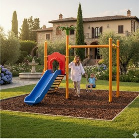 Resim Bir Kuleli Bir Kaydıraklı, Tekli Salıncaklı, Palmiye Figürlü Çocuk Oyun Parkı-169 