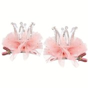 Resim 2 adet Taç Saç Tokası, Prenses Tacı tiara Saç Klipsleri, Tül Mesh tiara (Pembe) 