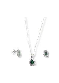 Resim Oya Silver Minimal Zümrüt Taşlı Damla Gümüş Kadın Kolye Küpe Set 