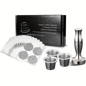 Resim Yeniden kullanılabilir paslanmaz çelik kahve kapsülleri, folyo mühür etiketleri ile - Espresso makineleri ile uyumlu, DIY kahve makinesi araçları, doldurulabilir kapsüller ve filtre fincanları dahil, kahve bar aksesuarları, espresso makinesi aksesuarları, modern kahve ekipmanı, dayanıklı kahve kapsülleri 