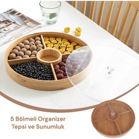 Resim Kapaklı 5 Bölmeli Bambu Kahvaltılık Drajelik Çerezlik Organizer KW-167 