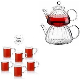 Resim Ateşe Dayanıklı Borasilikat Cam Çaydanlık 6 Adet Borasilikat Kupa 