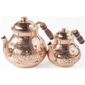 Resim Dmt Gaziantep Bakır Çaydanlık Takımı Ağır El İşlemeli Alt:14,5cm Üst:10,5cm Toplam:2,6 Lt Ahşap Kulp Bakır 