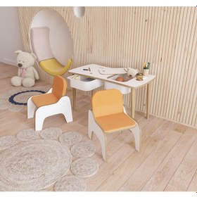 Resim Fahrettin Küçük Montessori Çocuk Masası Oyun Masası Aktivite Masası Çalışma Masası - 2 Adet Puflu Sandalyeli Beyaz - Turuncu 