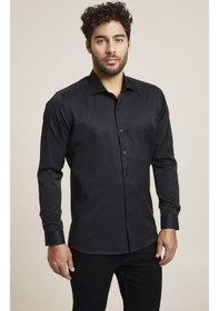 Resim Efor Slim Fit Pamuk Saten Klasik Siyah Gömlek Gk 604 Siyah 