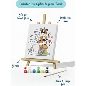 Resim Kedi Figürlü Çocuk Boyama Tuvali Şövaleli Boya Seti 20x20 