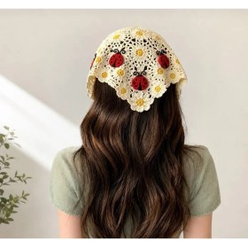 Resim Örgü Üçgen Bandana Sarı Krem Saç Bandı Kadın Genç Kız Çocuk Yazlık Bohem Vintage Kore Tarzı Ayçiçek 