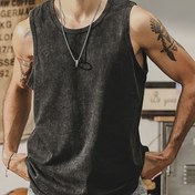 Resim Erkek Vintage Yıkanmış Pamuk Tank Top - %100 Gevşek Örgü Kumaş, Rahat Sokak Modası, Esnek Uygunluk, Retro Yüksek Sokak Görünümü, Makinede Yıkanabilir, Nefes Giyim | Rahat Uygun Üst | Makinede Yıkanabilir 