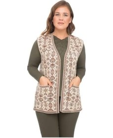 Resim Kadın Etnik Model Triko Örgü Kilim Yelek 1070-krem Rengi Krem 