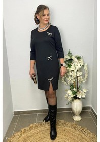 Resim Mia Butik Kadın Siyah Broş Hediyeli Star Elbise Siyah 