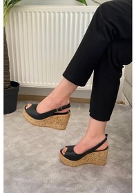 Resim Asmi Shoes Kadın Fenni 10 Cm Dolgu Topuklu Mantar Taban Ayakkabı Siyah Siyah 