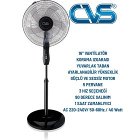 Resim CVS 16 İnç Ayaklı Vantilatör 40 W Güçlü Hava Akışı ile Siyah Modern Tasarım 