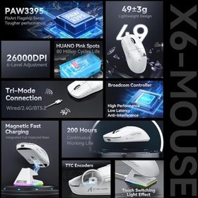 Resim ATTACK SHARK X6 49g Süper Hafif Kablosuz Gaming Mouse - Manyetik Şarj İstasyonlu, PixArt PAW3395 Sensör, 26000 DPI, BT/2.4G/Kablolu Üçlü Mod, Windows 11 Uyumlu - White 