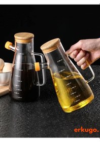 Resim 2 Adet Vakumlu Bambu Kapaklı Borosilikat Yağdanlık, Zeytinyağı Sıvıyağ Şişesi, Yağlık 900 Ml Oilpot 