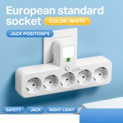 Resim EU fiş priz, 5 AC bağlantı noktalı, uzatma kablosuz, bağımsız gece lambası anahtarlı, USB Type-C portlu veya portsuz iki seçenekli, ev, ofis ve okul kullanımı için taşınabilir. Siyah ve beyaz 