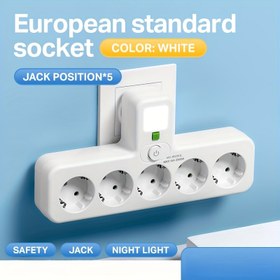 Resim EU fiş priz, 5 AC bağlantı noktalı, uzatma kablosuz, bağımsız gece lambası anahtarlı, USB Type-C portlu veya portsuz iki seçenekli, ev, ofis ve okul kullanımı için taşınabilir. Siyah ve beyaz 