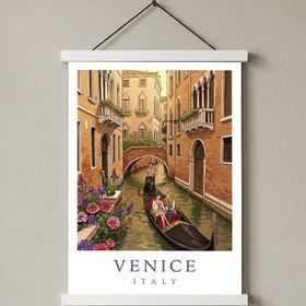 Resim Venice Italy Travel Poster - Gondola Canal Romantic Wall Art Print - With Hanger - White / 12 x 16" (30x40 cm) 
