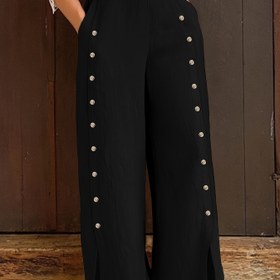 Resim Delikli Tasarım] Büyük Beden Şık Kadın Moda Günlük Pantolonlar Dekoratif Düğmelerle - Yüksek Bel, Düz Paça, Hafif Polyester, Makinede Yıkanabilir, Düz Koyu Gri 