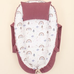 Resim Babynest ve Yastık - Çift Taraflı - Mürdüm Örgü - Pastel Gökkuşağı 