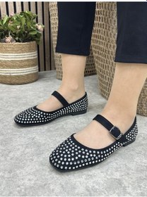 Resim Günlük Kadın Babet Ayarlanabilir Tokalı Tek Bant Kısa Topuk Küt Burun Taşlı Ayakkabı 287 Gümüş Taşlı 